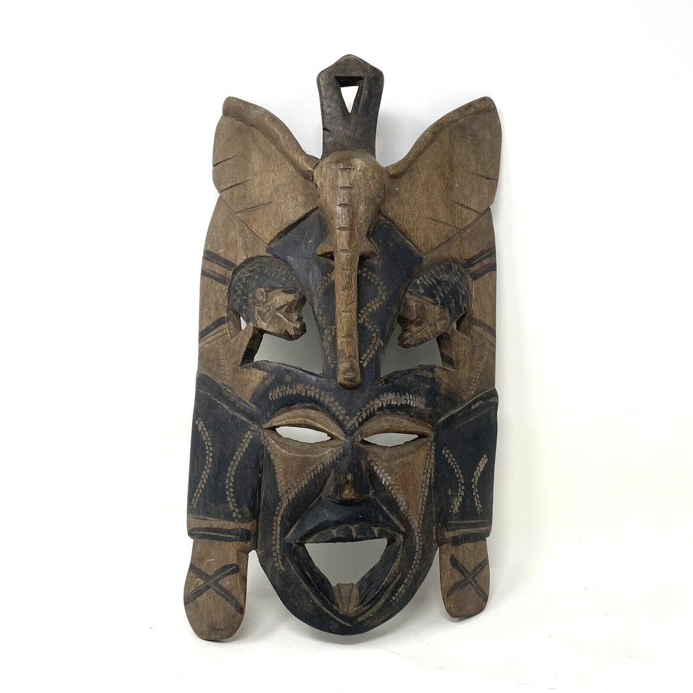 Wooden Hand Carved African Folk Art Mask Tribal Elephant Wall Hanging 12" x 7"